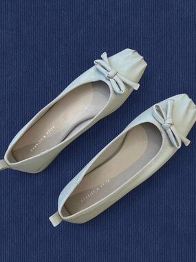 Charles & Keith Cream Ruched Ballet Flats with Bow Detail